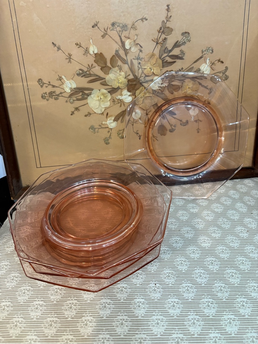 Vintage Pink Depression Glass 8” Octagonal Luncheon Dessert Plates Set of 5